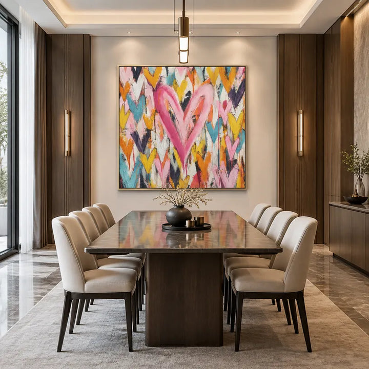 Pittura a olio pop astratta e concettuale con segni astratti stratificati, consistenza e movimento pittorico espressivo.