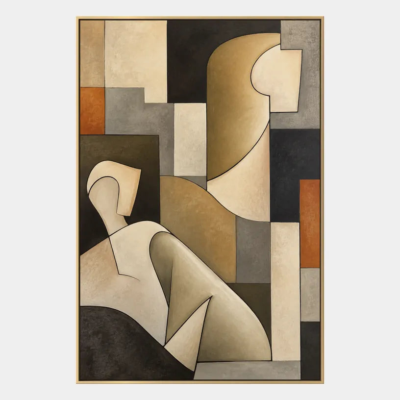 Peinture à l'huile de portraits et de figures pop représentant une figure ou un portrait expressif rendu avec des détails picturaux dans une palette beige.