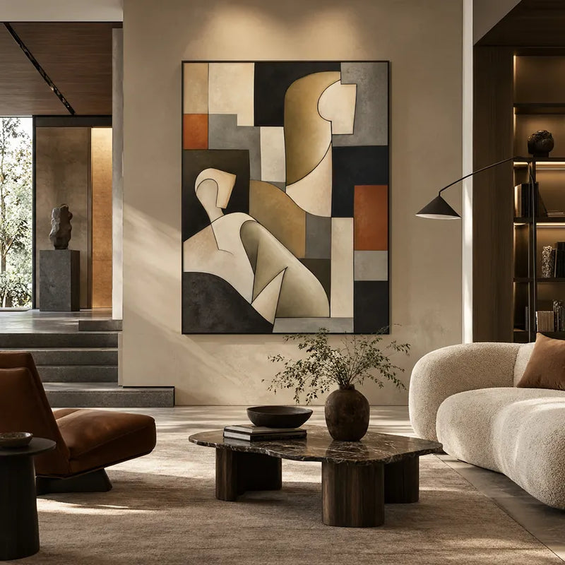 Retrato pop y pintura al óleo de figuras que presentan una figura o un retrato expresivo representado con detalles pictóricos en una paleta beige.