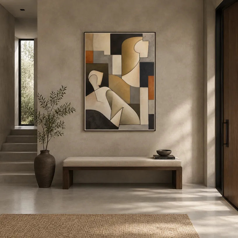 Retrato pop y pintura al óleo de figuras que presentan una figura o un retrato expresivo representado con detalles pictóricos en una paleta beige.