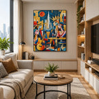 Ritrattistica pop e pittura a olio con figure espressive o ritratti resi con dettagli pittorici in una tavolozza blu.