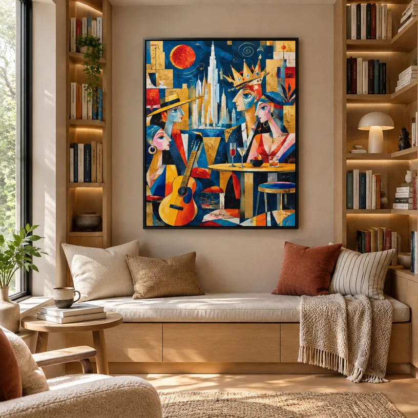 Ritrattistica pop e pittura a olio con figure espressive o ritratti resi con dettagli pittorici in una tavolozza blu.