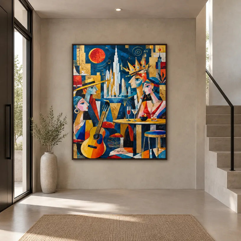 Ritrattistica pop e pittura a olio con figure espressive o ritratti resi con dettagli pittorici in una tavolozza blu.