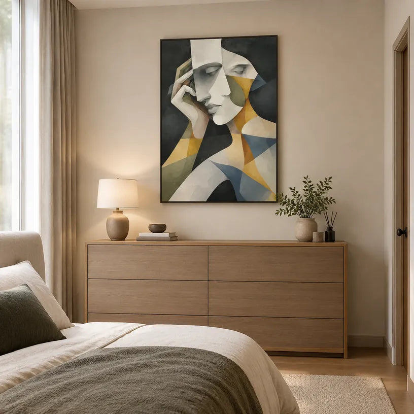 Peinture à l'huile de portraits et de figures pop représentant une figure ou un portrait expressif rendu avec des détails picturaux dans une palette beige.