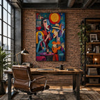 Ritrattistica pop e pittura a olio con figure espressive o ritratti resi con dettagli pittorici in una tavolozza blu.