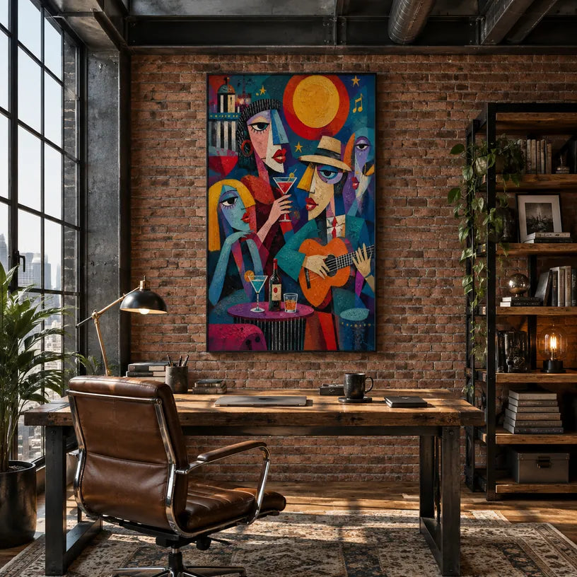 Retrato pop y pintura al óleo de figuras que presentan una figura o un retrato expresivo representado con detalles pictóricos en una paleta azul.