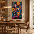 Ritrattistica pop e pittura a olio con figure espressive o ritratti resi con dettagli pittorici in una tavolozza blu.