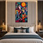 Ritrattistica pop e pittura a olio con figure espressive o ritratti resi con dettagli pittorici in una tavolozza blu.