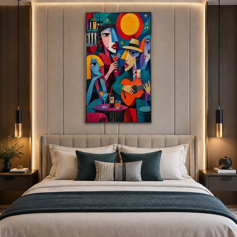 Ritrattistica pop e pittura a olio con figure espressive o ritratti resi con dettagli pittorici in una tavolozza blu.