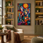 Ritrattistica pop e pittura a olio con figure espressive o ritratti resi con dettagli pittorici in una tavolozza blu.