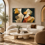Pittura a olio pop astratta e concettuale con segni astratti stratificati, consistenza e movimento pittorico espressivo.