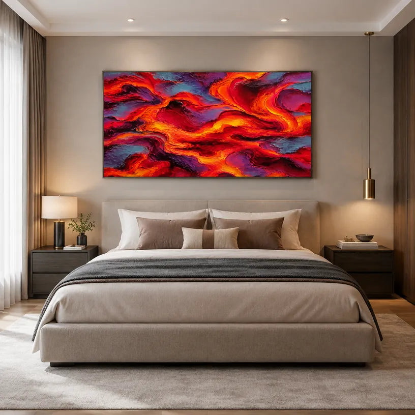 Pintura al óleo pop abstracta y conceptual que presenta marcas abstractas en capas, textura y movimiento pictórico expresivo en una paleta roja.