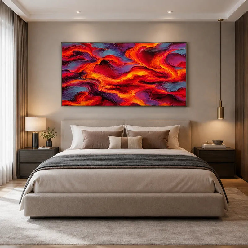 Pintura al óleo pop abstracta y conceptual que presenta marcas abstractas en capas, textura y movimiento pictórico expresivo en una paleta roja.