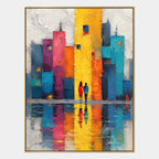 Pintura al óleo de paisajes pop, paisajes marinos y urbanos que presenta una composición atmosférica inspirada en un paisaje, un paisaje marino o una ciudad en una paleta amarilla.
