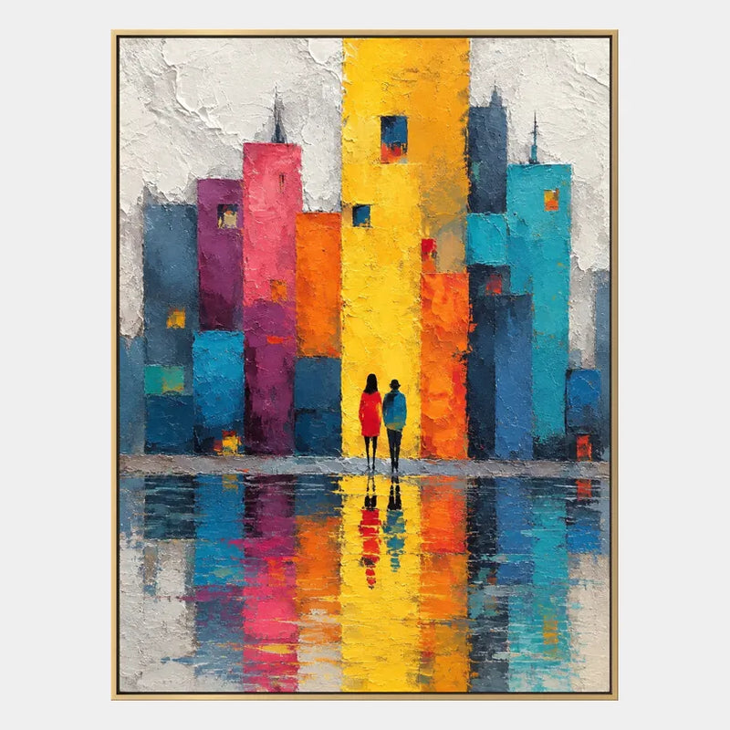 Pintura al óleo de paisajes pop, paisajes marinos y urbanos que presenta una composición atmosférica inspirada en un paisaje, un paisaje marino o una ciudad en una paleta amarilla.