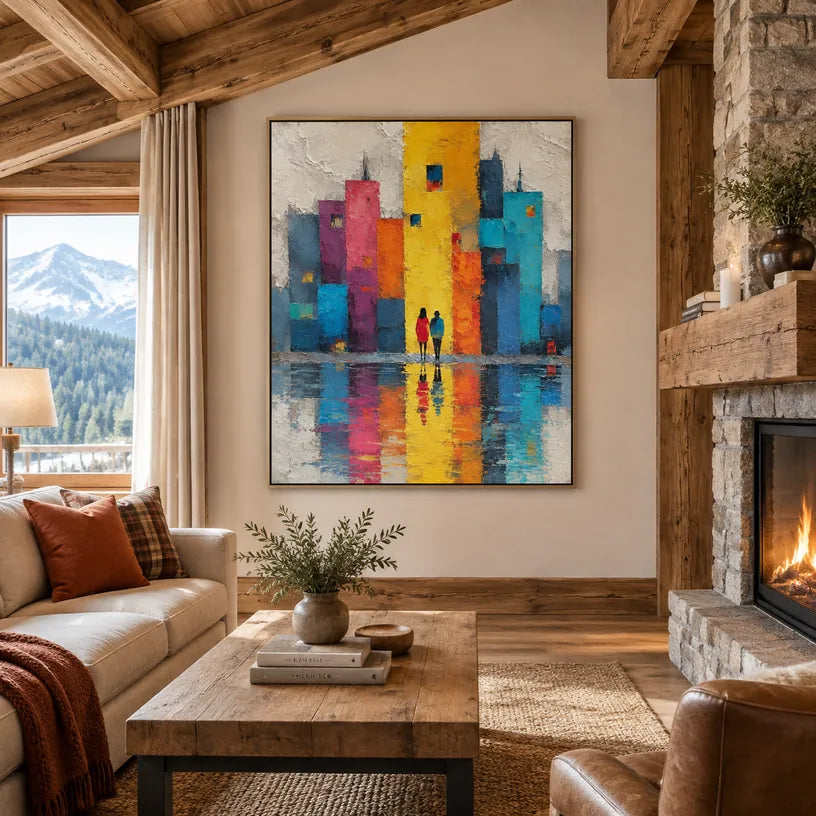 Pintura al óleo de paisajes pop, paisajes marinos y urbanos que presenta una composición atmosférica inspirada en un paisaje, un paisaje marino o una ciudad en una paleta amarilla.