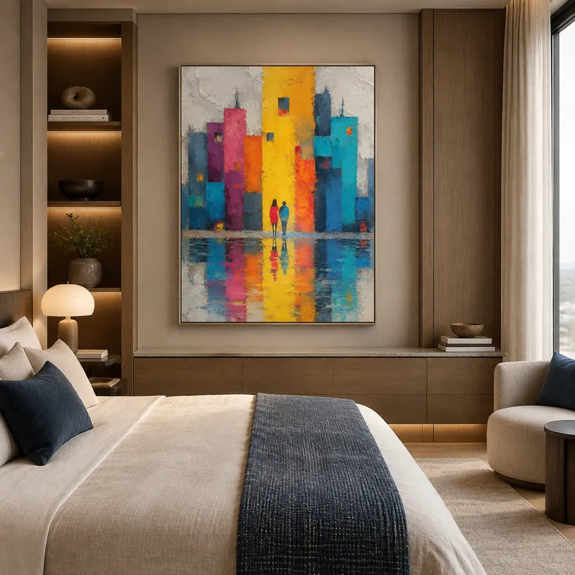 Pintura al óleo de paisajes pop, paisajes marinos y urbanos que presenta una composición atmosférica inspirada en un paisaje, un paisaje marino o una ciudad en una paleta amarilla.