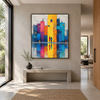Pintura al óleo de paisajes pop, paisajes marinos y urbanos que presenta una composición atmosférica inspirada en un paisaje, un paisaje marino o una ciudad en una paleta amarilla.
