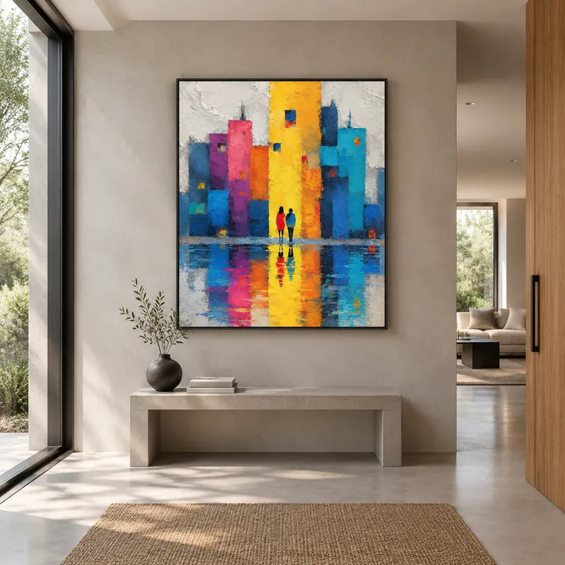 Pintura al óleo de paisajes pop, paisajes marinos y urbanos que presenta una composición atmosférica inspirada en un paisaje, un paisaje marino o una ciudad en una paleta amarilla.