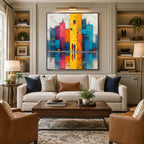 Pintura al óleo de paisajes pop, paisajes marinos y urbanos que presenta una composición atmosférica inspirada en un paisaje, un paisaje marino o una ciudad en una paleta amarilla.