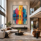 Pintura al óleo de paisajes pop, paisajes marinos y urbanos que presenta una composición atmosférica inspirada en un paisaje, un paisaje marino o una ciudad en una paleta amarilla.