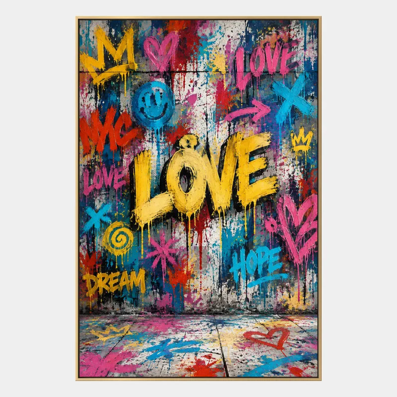 Peinture à l'huile Pop Love représentant un sujet romantique exprimé à travers la forme et la couleur picturales.