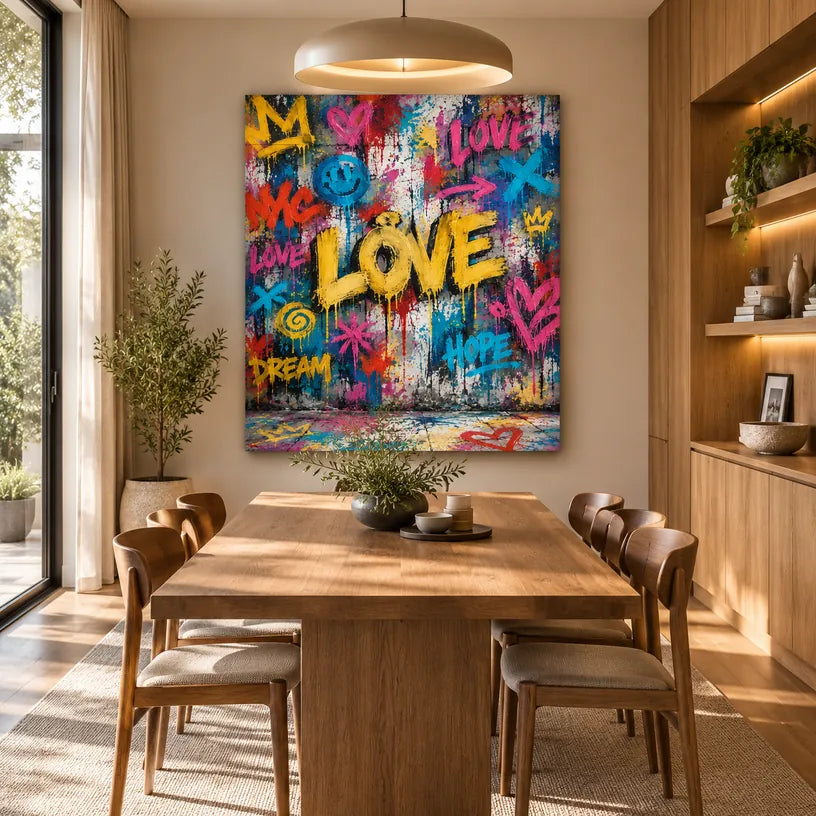 Peinture à l'huile Pop Love représentant un sujet romantique exprimé à travers la forme et la couleur picturales.
