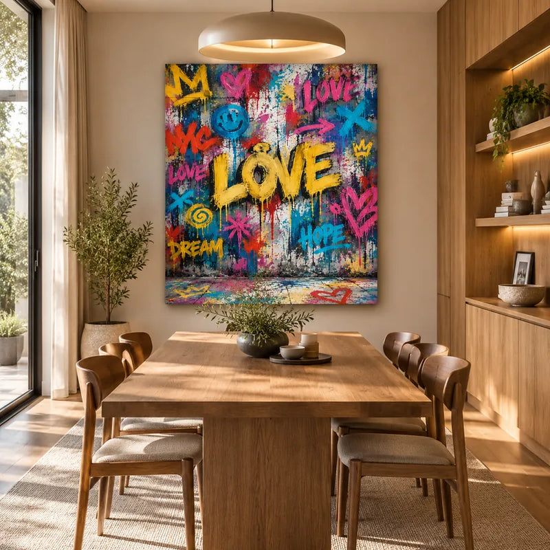 Peinture à l'huile Pop Love représentant un sujet romantique exprimé à travers la forme et la couleur picturales.