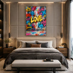 Peinture à l'huile Pop Love représentant un sujet romantique exprimé à travers la forme et la couleur picturales.