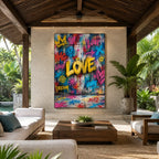 Peinture à l'huile Pop Love représentant un sujet romantique exprimé à travers la forme et la couleur picturales.