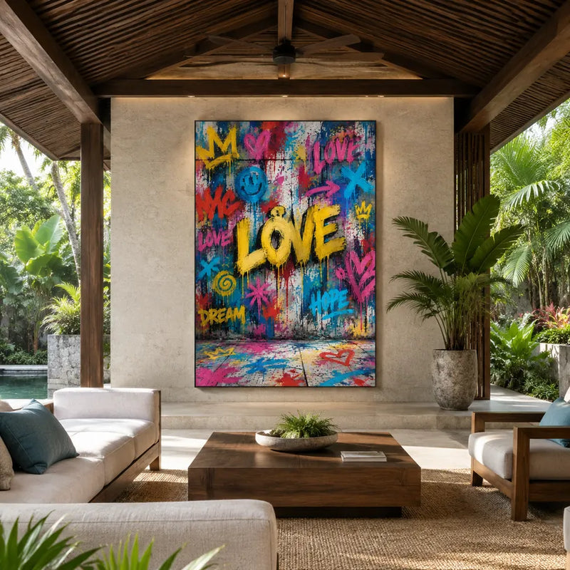Peinture à l'huile Pop Love représentant un sujet romantique exprimé à travers la forme et la couleur picturales.