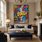 Peinture à l'huile Pop Love représentant un sujet romantique exprimé à travers la forme et la couleur picturales.