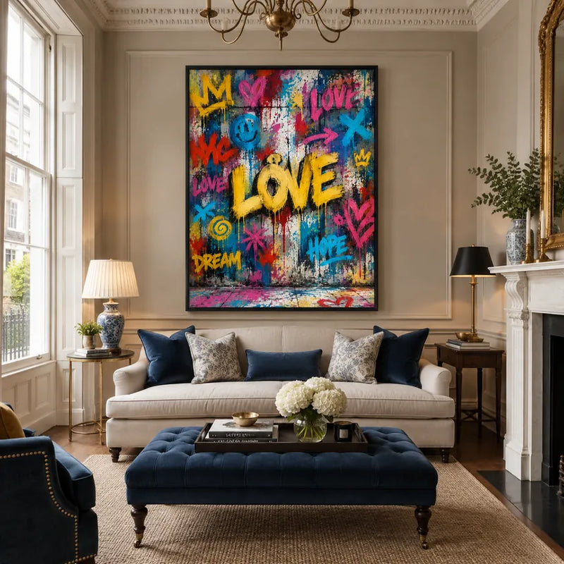 Peinture à l'huile Pop Love représentant un sujet romantique exprimé à travers la forme et la couleur picturales.