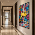 Peinture à l'huile Pop Love représentant un sujet romantique exprimé à travers la forme et la couleur picturales.