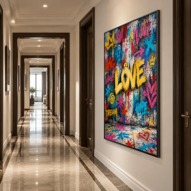 Peinture à l'huile Pop Love représentant un sujet romantique exprimé à travers la forme et la couleur picturales.