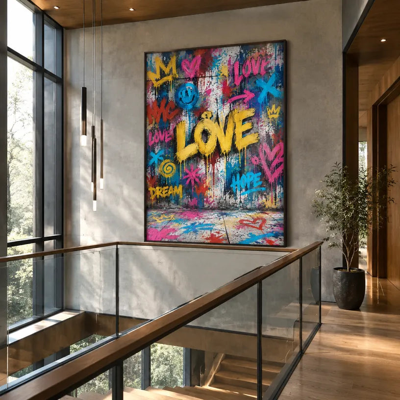 Peinture à l'huile Pop Love représentant un sujet romantique exprimé à travers la forme et la couleur picturales.
