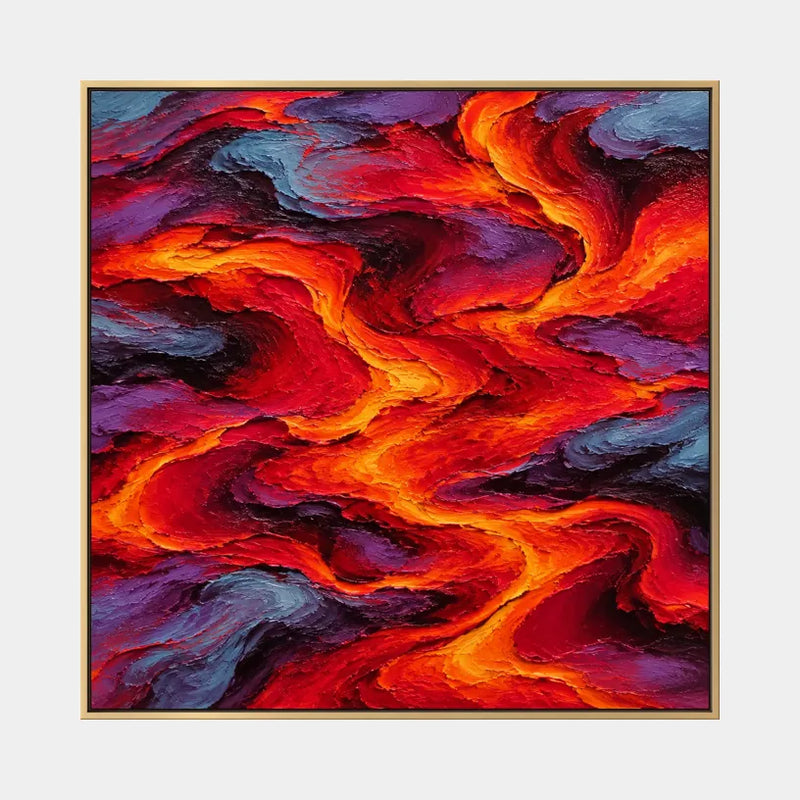 Pittura a olio pop astratta e concettuale con segni astratti stratificati, consistenza e movimento pittorico espressivo in una tavolozza rossa.