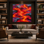 Pittura a olio pop astratta e concettuale con segni astratti stratificati, consistenza e movimento pittorico espressivo in una tavolozza rossa.
