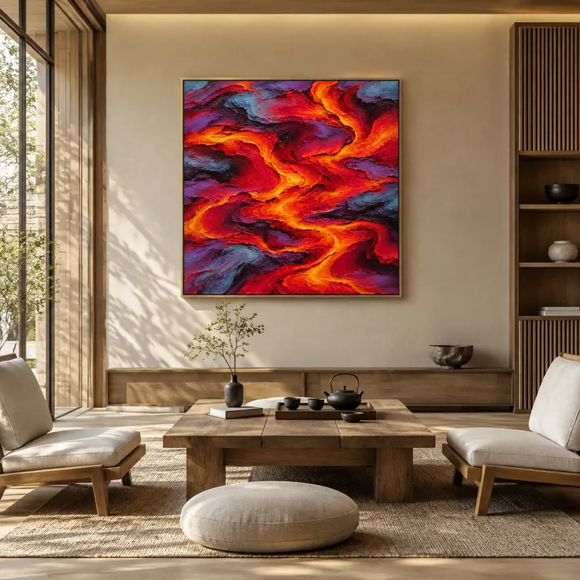 Pittura a olio pop astratta e concettuale con segni astratti stratificati, consistenza e movimento pittorico espressivo in una tavolozza rossa.