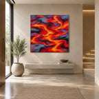 Pittura a olio pop astratta e concettuale con segni astratti stratificati, consistenza e movimento pittorico espressivo in una tavolozza rossa.