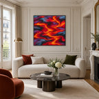 Pittura a olio pop astratta e concettuale con segni astratti stratificati, consistenza e movimento pittorico espressivo in una tavolozza rossa.