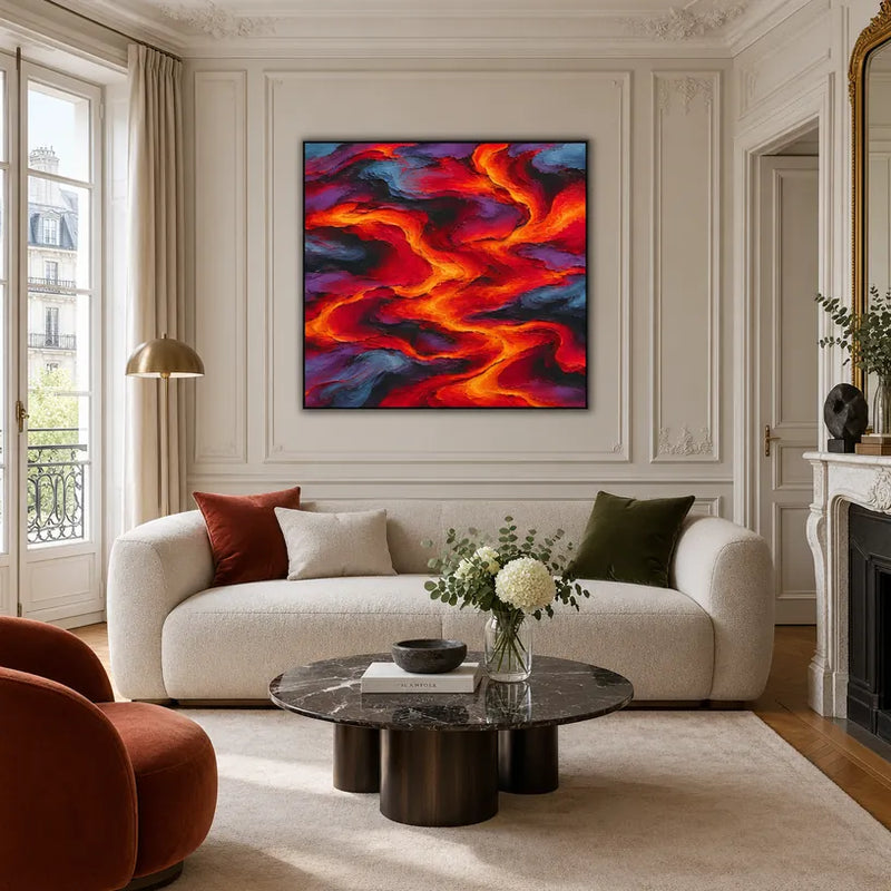 Pittura a olio pop astratta e concettuale con segni astratti stratificati, consistenza e movimento pittorico espressivo in una tavolozza rossa.