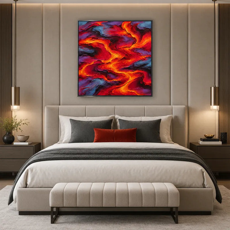 Pittura a olio pop astratta e concettuale con segni astratti stratificati, consistenza e movimento pittorico espressivo in una tavolozza rossa.