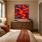 Pittura a olio pop astratta e concettuale con segni astratti stratificati, consistenza e movimento pittorico espressivo in una tavolozza rossa.