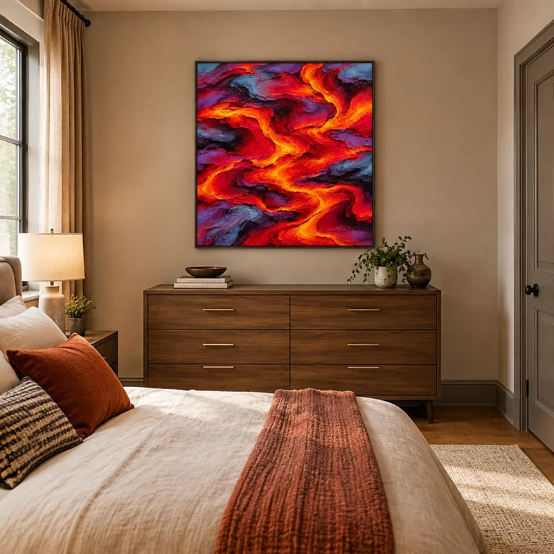 Pittura a olio pop astratta e concettuale con segni astratti stratificati, consistenza e movimento pittorico espressivo in una tavolozza rossa.