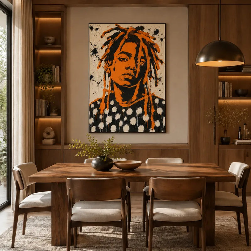 Ritrattistica pop e pittura a olio con figure espressive o ritratti resi con dettagli pittorici in una tavolozza arancione.