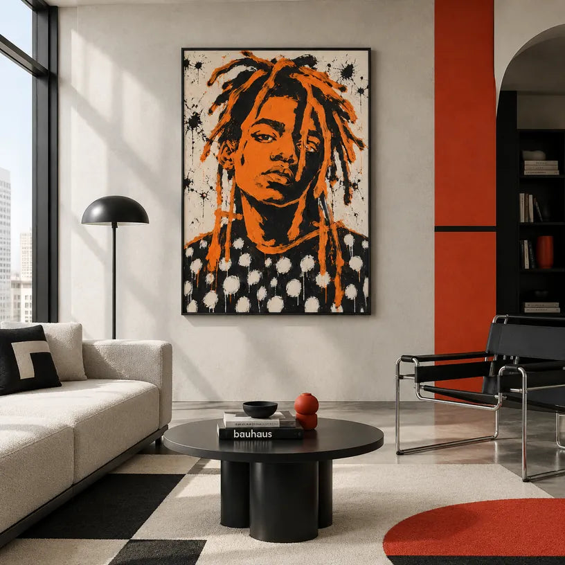 Ritrattistica pop e pittura a olio con figure espressive o ritratti resi con dettagli pittorici in una tavolozza arancione.