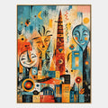 Pop-Cartoon-Ölgemälde mit einem verspielten grafischen Motiv mit lebhaften malerischen Details in einer blauen Farbpalette.