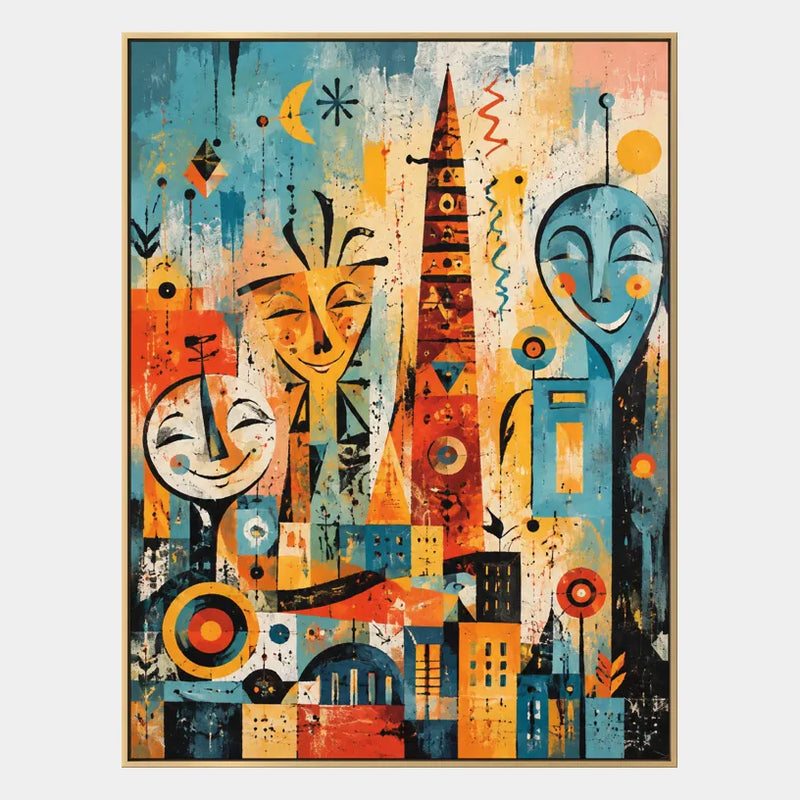 Pop-Cartoon-Ölgemälde mit einem verspielten grafischen Motiv mit lebhaften malerischen Details in einer blauen Farbpalette.
