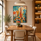 Pop-Cartoon-Ölgemälde mit einem verspielten grafischen Motiv mit lebhaften malerischen Details in einer blauen Farbpalette.